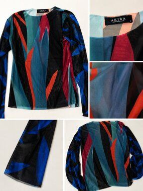 AKIRA Abstract Print Sheer Long Sleeve Top Multicolor Size Medium